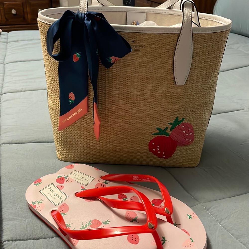 Kate Spade Strawberry Tote w/ Scarf & Matching Flip Flops